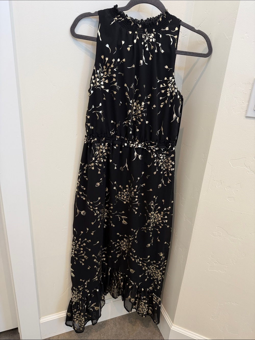Kensie Black Maxi Dress with Cream Botanical Motif